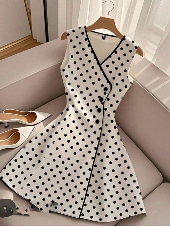 SHEIN Dresses & Skirts - SHEIN White & Black Polka Dot Sleeveless Wrap Midi Dress